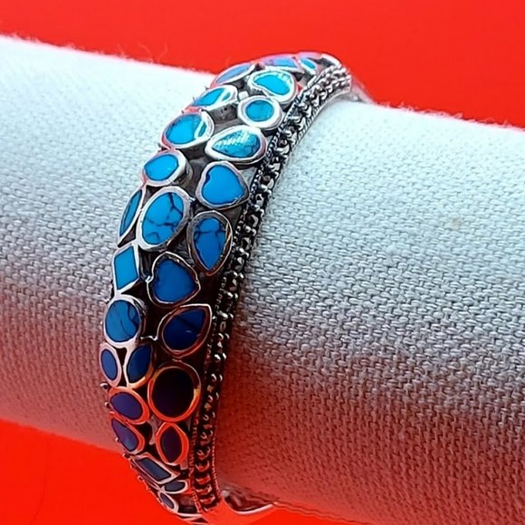 Natural Stabilized Blue Turquoise 7x5 mm & Marcasite 925 Sterling Silver Bangle - Picture 2 of 10